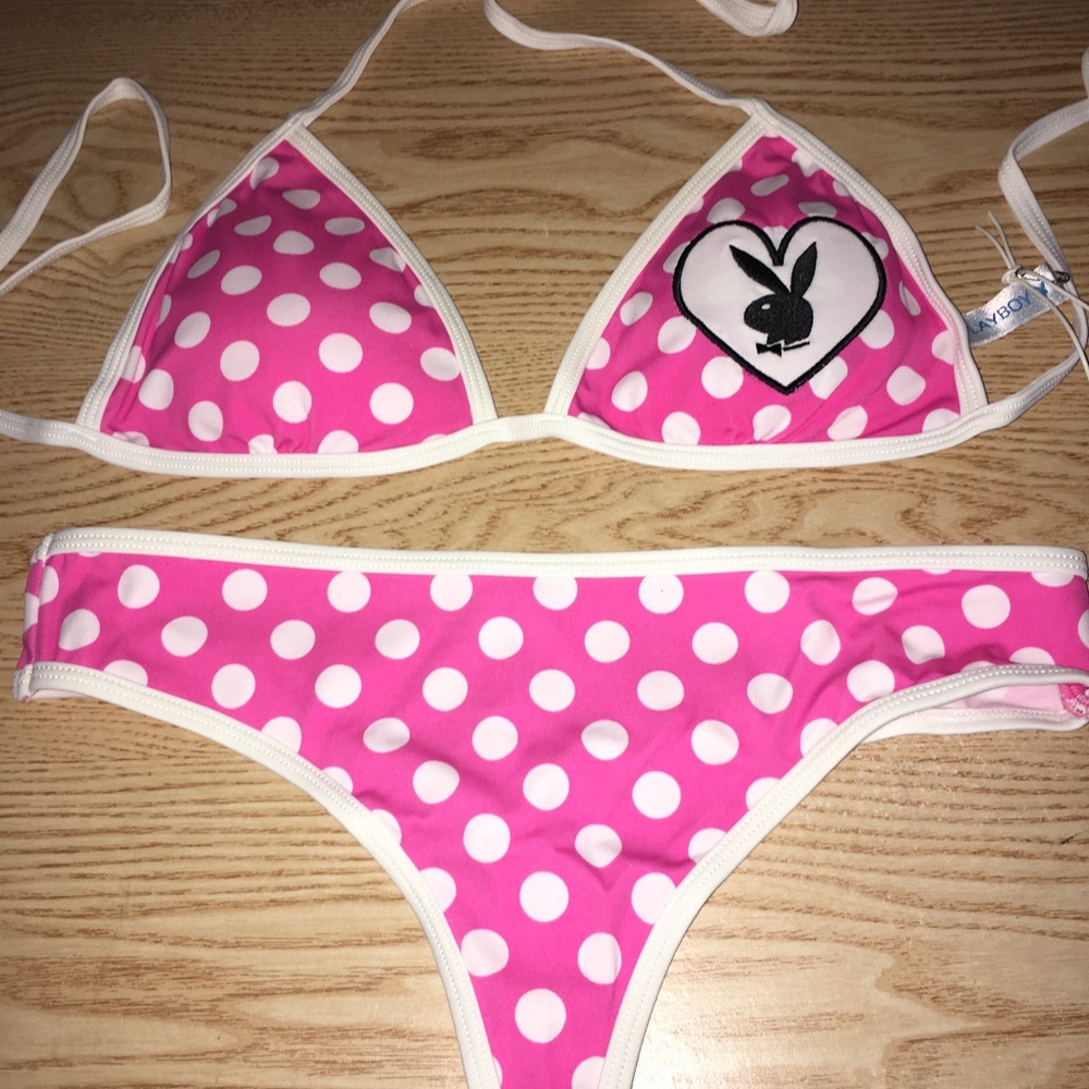 New 2pc Sexy Vintage Playboy Polka Dot Thong Swimsuit Bikini Size Large & XL - Picture 6 of 14